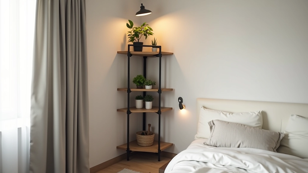 Modular black steel corner shelving unit in apartment corner