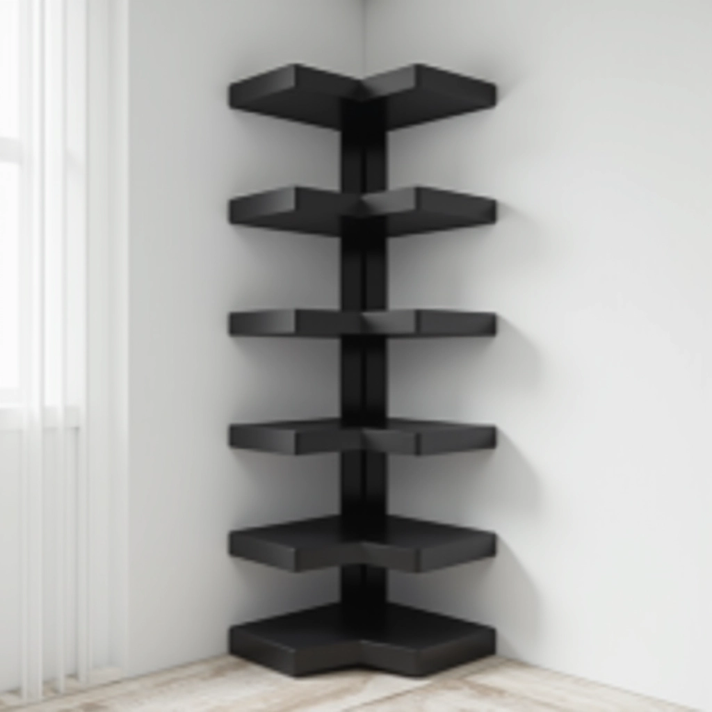 Five-tier black steel corner shelving unit fully assembled, positioned in corner against light neutral grey walls, front-right angle view