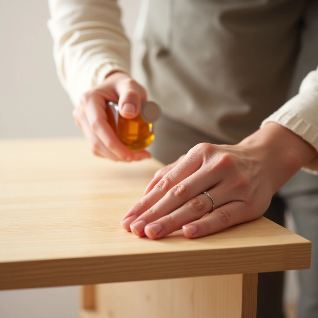 Hand applying natural oil finish to walnut wood surface, showing care and maintenance process