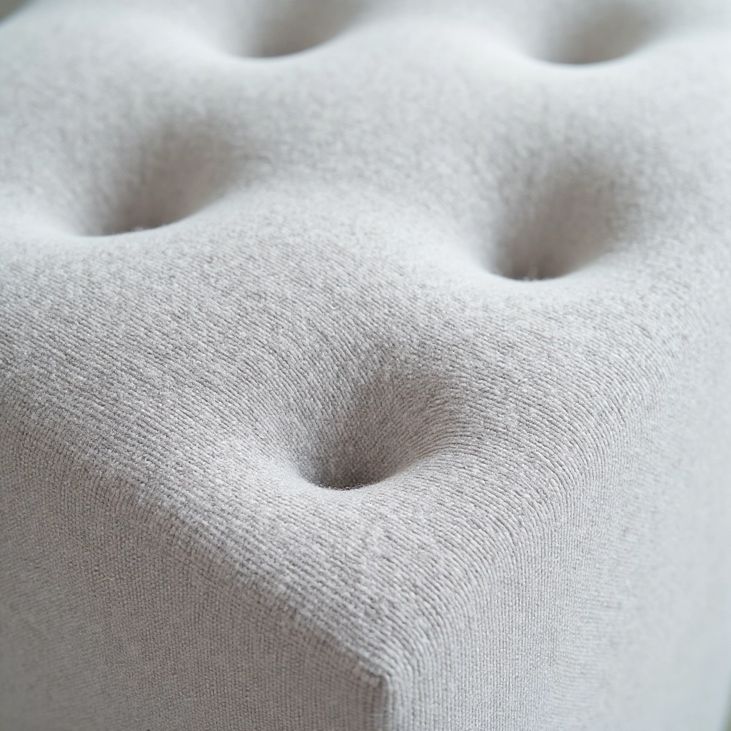 Close-up detail of grey linen fabric texture on ottoman, showing stain-resistant treatment and upholstery quality, natural lighting