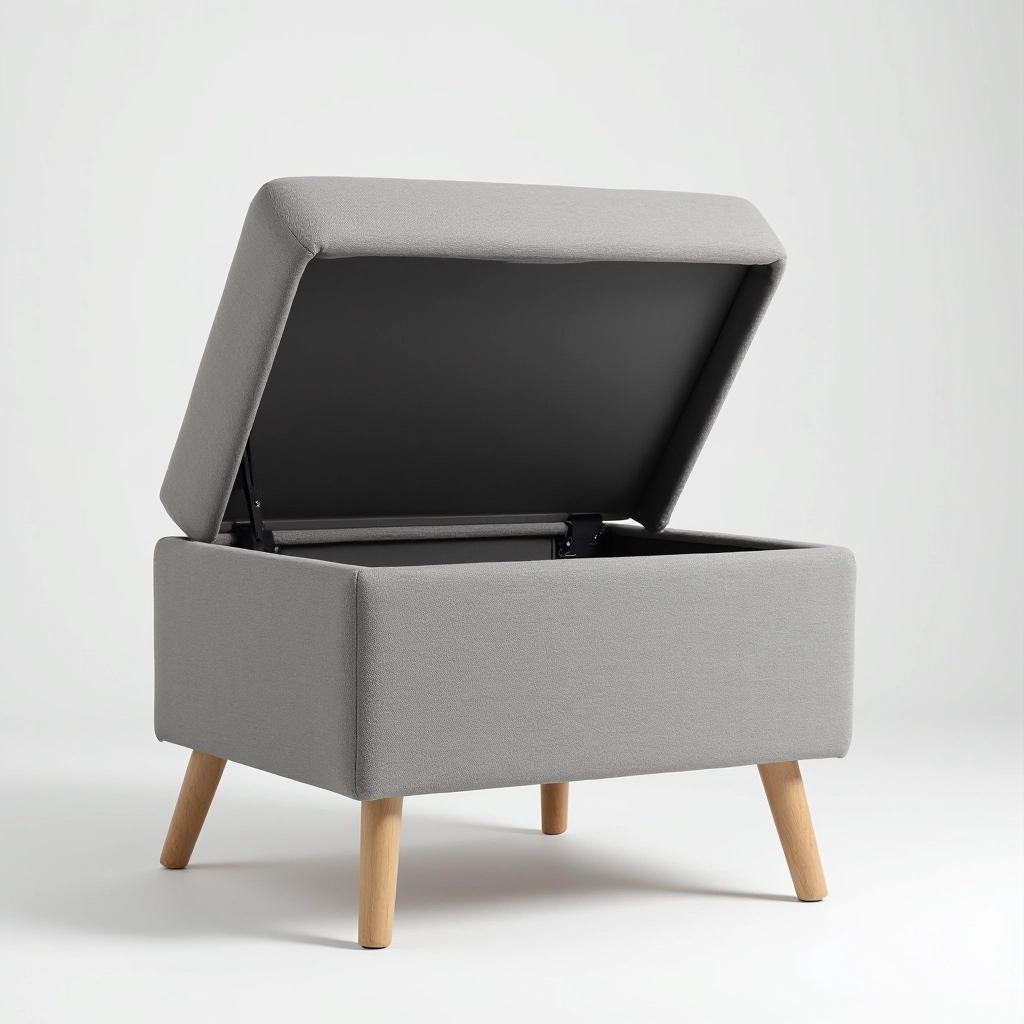 Storage ottoman shown with lid partially open, revealing the interior compartment and storage space, grey linen exterior clearly visible