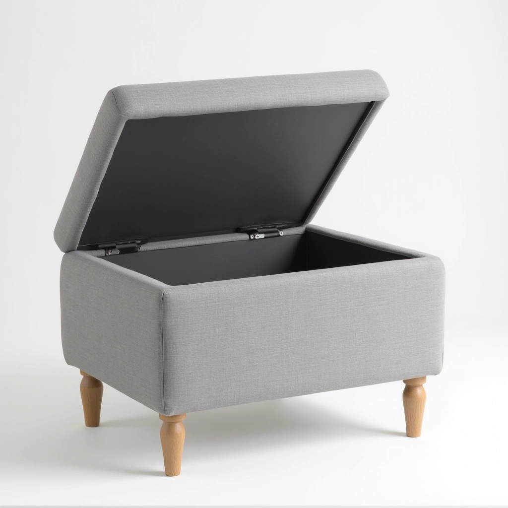 Upholstered grey linen storage ottoman from three-quarter view with lid open revealing storage interior, birch wooden legs visible