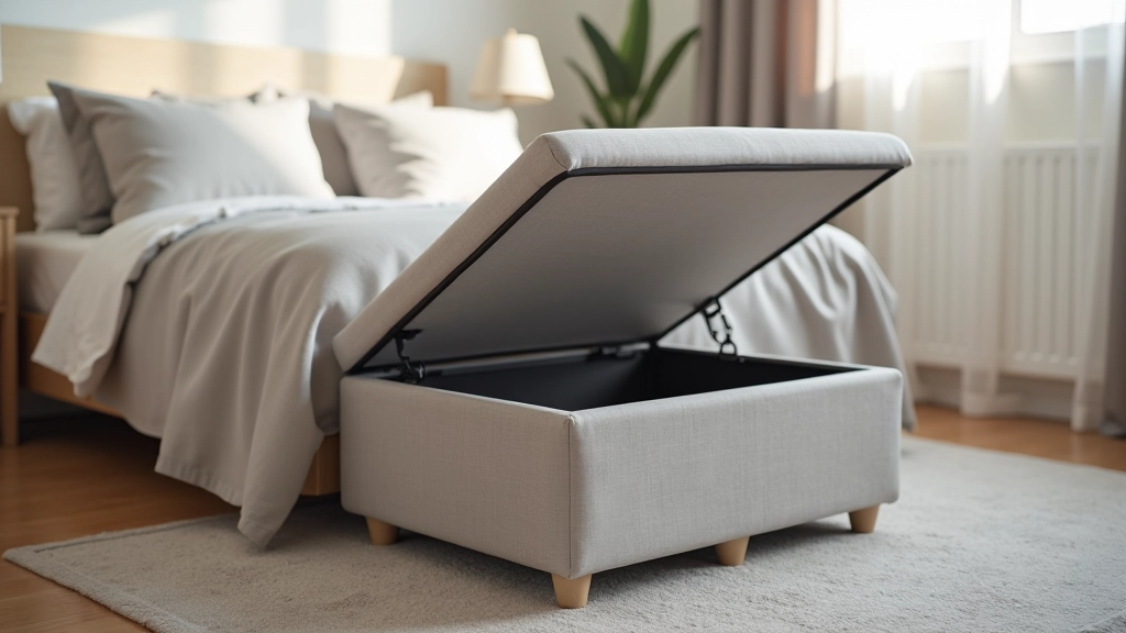 Grey linen storage ottoman at foot of bed in small bedroom