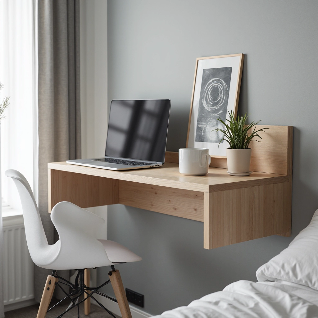 Modern apartment bedroom with wall-mounted birch desk opened against grey wall, showing work surface with laptop and coffee cup