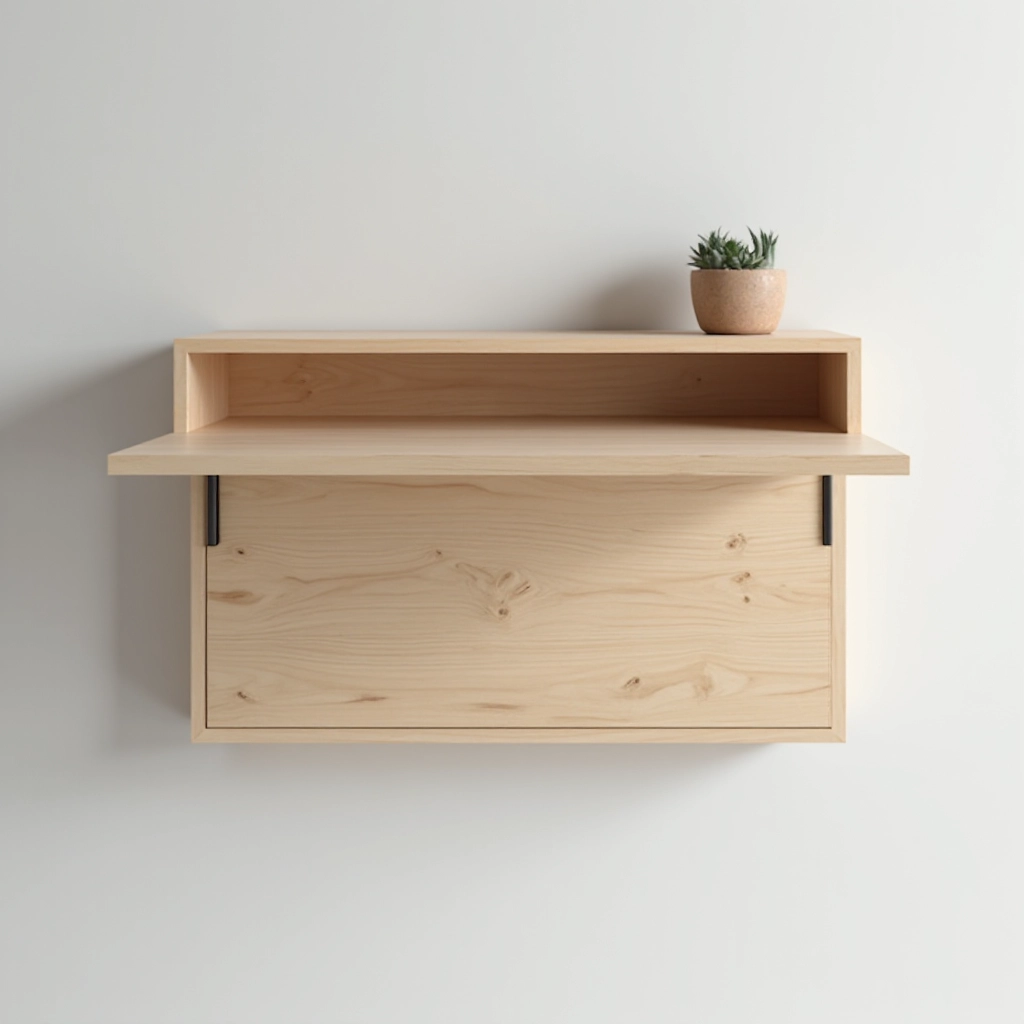 Wall-mounted birch desk in open position showing work surface and integrated storage cubbies, light grey wall background